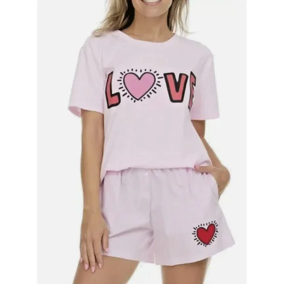 Keith Haring Pink Love Tee & Boxer Lounge Pajama Set Large NWT - Picture 1 of 8